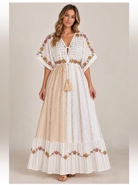 Zury Z-219 Maxi Kaftan Dress NWT Free Size Sequin Embroidered Boho